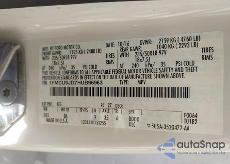 2017 Ford Escape Titanium из США, поврежденный, VIN 1FMCU9JD7HUB96963